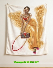Versace Gold Red Pink Fashion Illustration Print Flannel Sofa Throw Blanket IMG_1749
